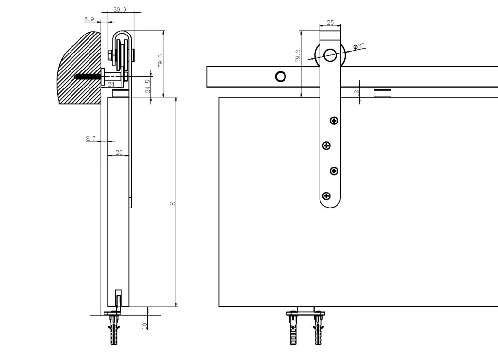 sliding cabinet door hardware side view drawing